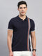 Men Navy Blue Stripe Collar Half Sleeve T-Shirt