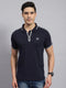 Men Navy Blue Solid Collar Half Sleeve T-Shirt