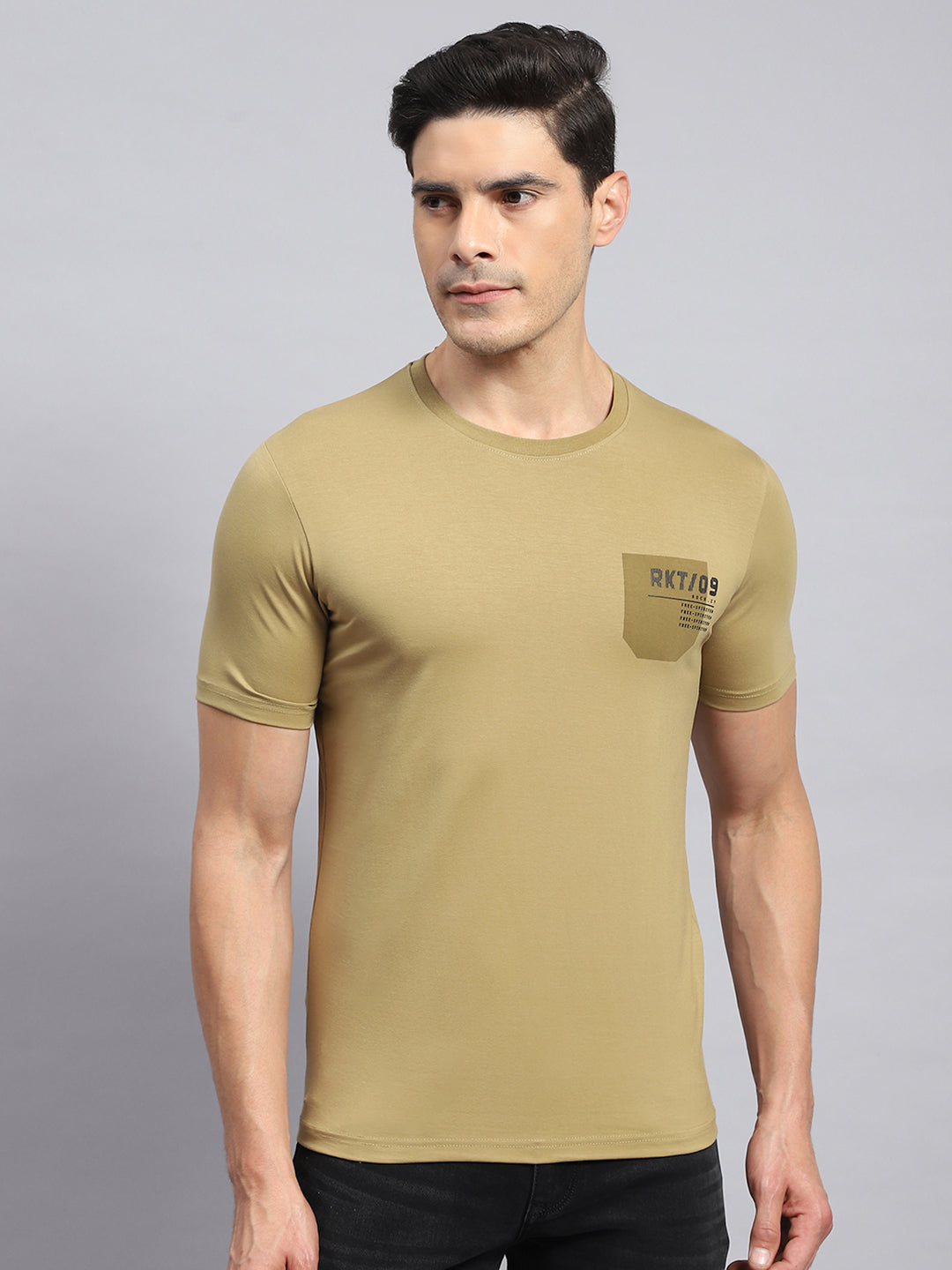 Buy Men Khaki Printed Round Neck Half Sleeve T Shirt Online in India Rock Rockit