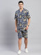 Men Navy Blue Printed Round Neck Half Sleeve Cords Set