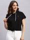 Women Black Self Design Hooded Half Sleeve Top