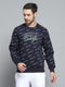 Men Navy Blue Printed Round Neck Full Sleeve Sweatshirt