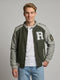 Men Olive Self Design Stand Collar Full Sleeve Bomber Jacket