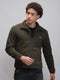 Men Olive Solid Collar Full Sleeve Knitted Jacket