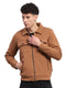 Men Camel Brown Solid Collar Full Sleeve Knitted Jacket