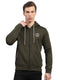 Men Olive Self Design Hooded Full Sleeve Sweatshirt