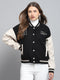 Women Black Printed Band Collar Full Sleeve Jacket