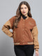 Women Brown Printed Band Collar Full Sleeve Jacket