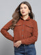 Women Brown Solid Collar Full Sleeve Jacket
