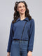 Women Blue Solid Collar Full Sleeve Jacket