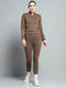 Women Brown Solid Mock Neck Full Sleeve Tracksuit