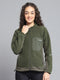 Women Olive Solid Mock Neck Full Sleeve Sweatshirt