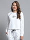 Women White Self Design Round Neck Full Sleeve Sweatshirt