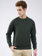 Men Olive Solid Round Neck Full Sleeve Sweatshirt