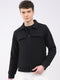 Men Black Solid Collar Full Sleeve Knitted Jacket
