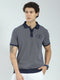 Men Navy Blue Self Design Collar Half Sleeve T-Shirt