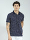 Men Navy Blue Printed Collar Half Sleeve T-Shirt
