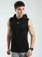 Men Black Solid Hooded Sleeveless T-Shirt