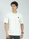 Men Off White Self Design Round Neck Half Sleeve T-Shirt