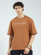 Men Camel Brown Printed V Neck Half Sleeve T-Shirt