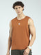 Men Rust Solid Round Neck Sleeveless T-Shirt