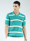 Men Green Stripe Collar Half Sleeve T-Shirt