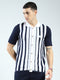 Men Navy Blue Stripe Collar Half Sleeve Shirt