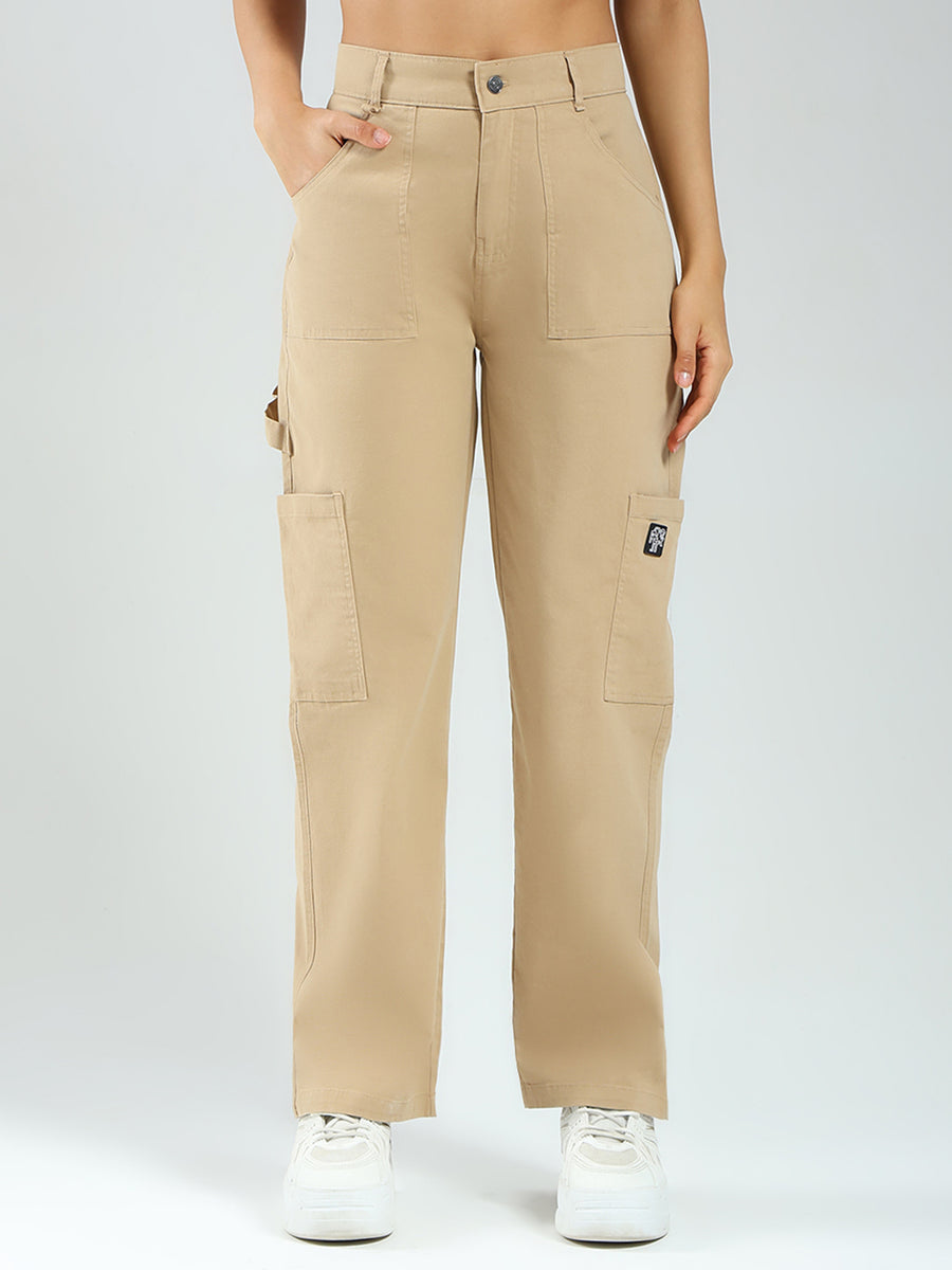 Women Beige Solid Straight Fit Cargo