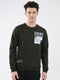Men Olive Printed Round Neck Full Sleeve Sweatshirt