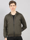 Men Olive Solid Hooded Full Sleeve Jacket
