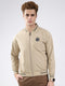 Men Beige Solid Band Neck Full Sleeve Jacket