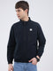 Men Navy Blue Solid Mock Neck Full Sleeve Jacket