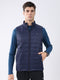Men Navy Blue Solid Collar Sleeveless Jacket