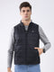 Men Black & White Solid Mock Neck Sleeveless Jacket