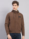 Men Brown Solid Hooded Full Sleeve Jacket