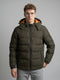 Men Olive Self Design Heating Puffer Jacket with Detachable Hood