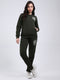 Women Dark Green Printed Round Neck Full Sleeve Winter Tracksuit