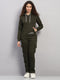 Women Olive Solid Hooded Full Sleeve Winter Tracksuit