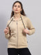 Women Cream Solid Hooded Full Sleeve Sweatshirt