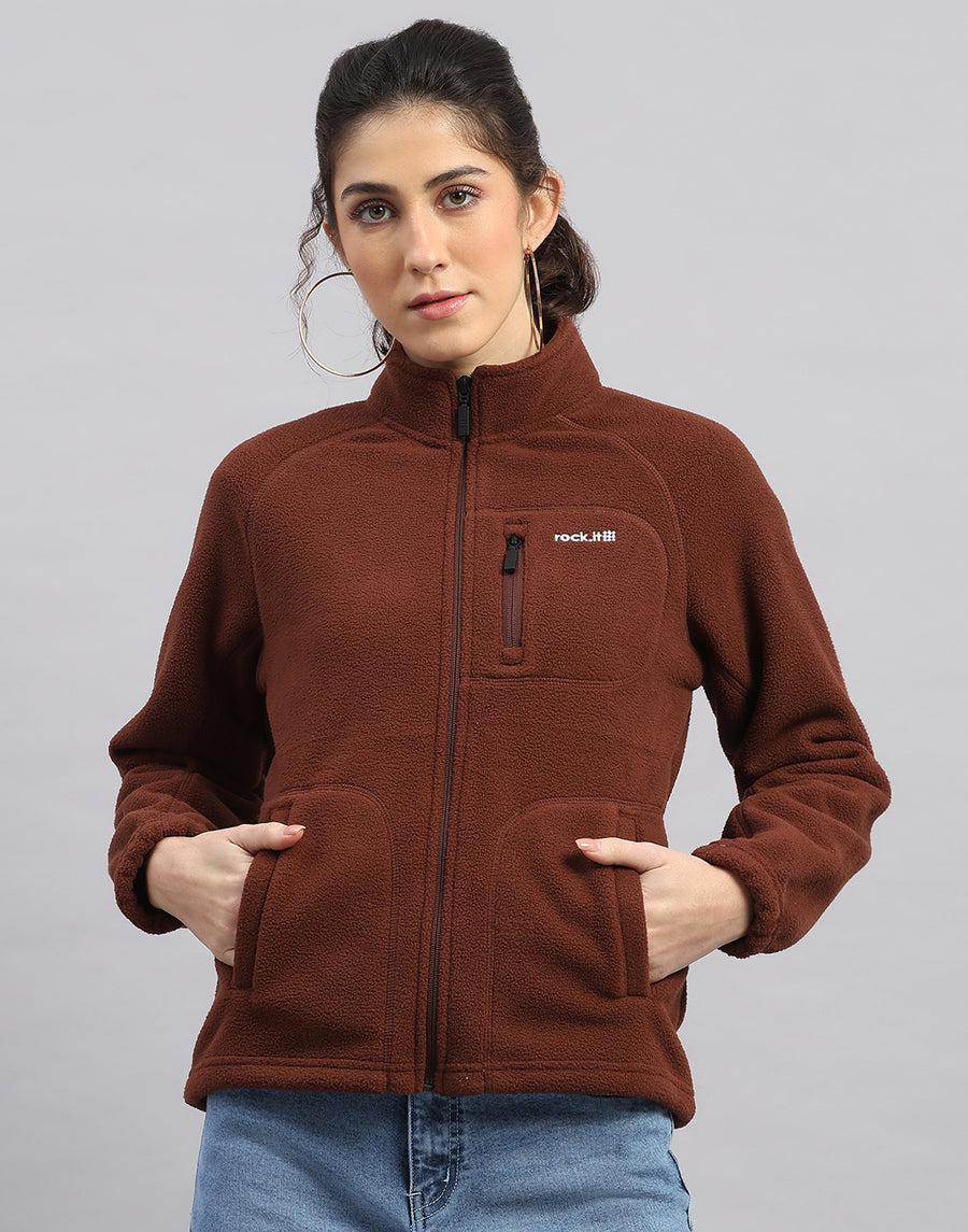 Women Brown Solid Turtle Neck Full Sleeve Sweatshirt