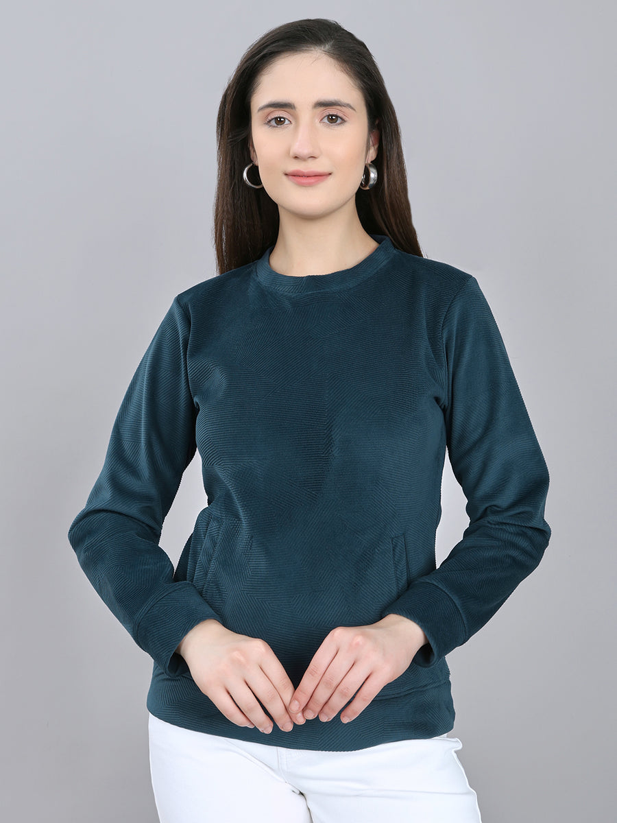 Women Teal Blue Self Design Round Neck Full Sleeve Sweatshirt
