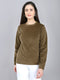 Women Brown Self Design Round Neck Full Sleeve Sweatshirt