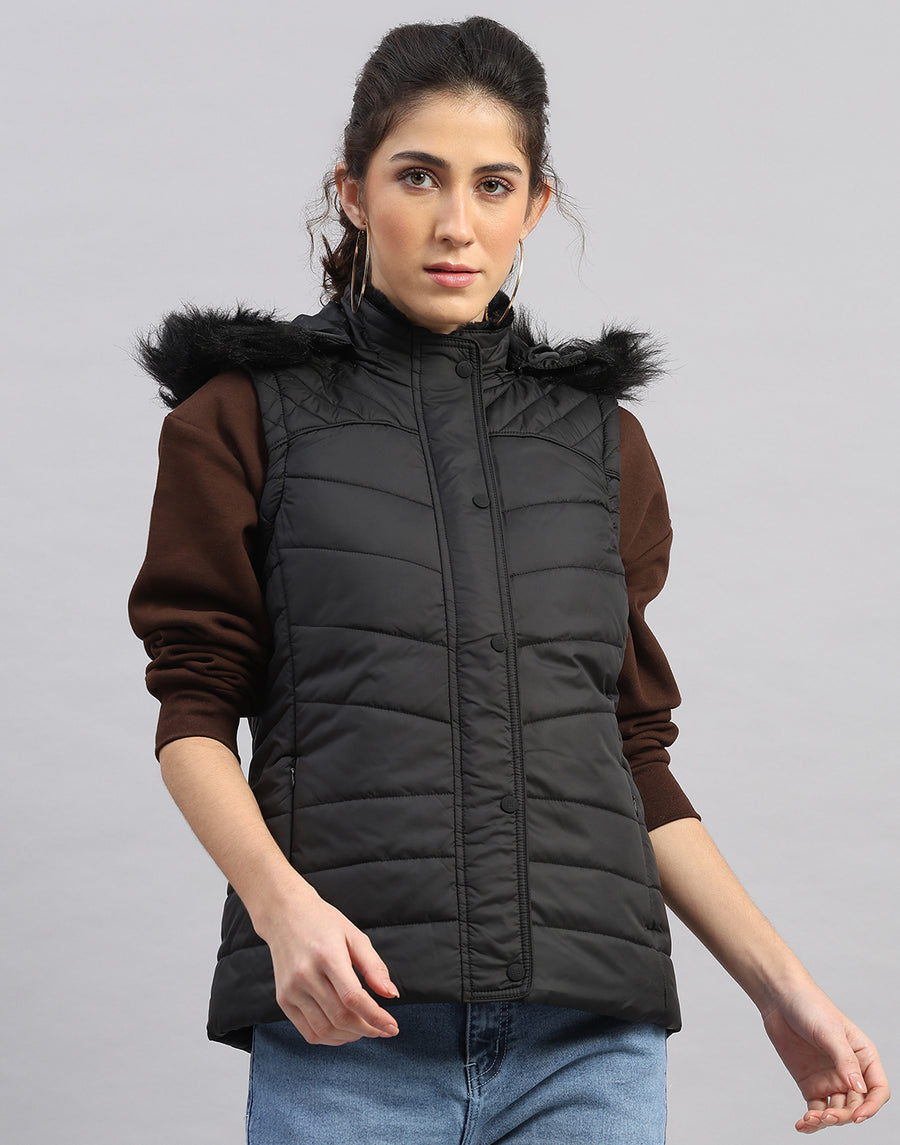 Women Black Solid Collar Sleeveless Jacket