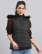 Women Black Solid Collar Sleeveless Jacket