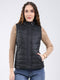Women Black Solid Stand Collar Sleeveless Jacket