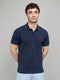 Men Dark Blue Self Design Collar Half Sleeve T-Shirt