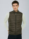Men Olive Solid Collar Sleeveless Puffer Jacket