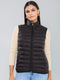 Women Black Solid Mock Neck Sleeveless Puffer Jacket