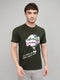 Men Olive Printed Round Neck Half Sleeve T-Shirt