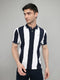 Men Navy Blue & White Stripe Collar Half Sleeve T-Shirt